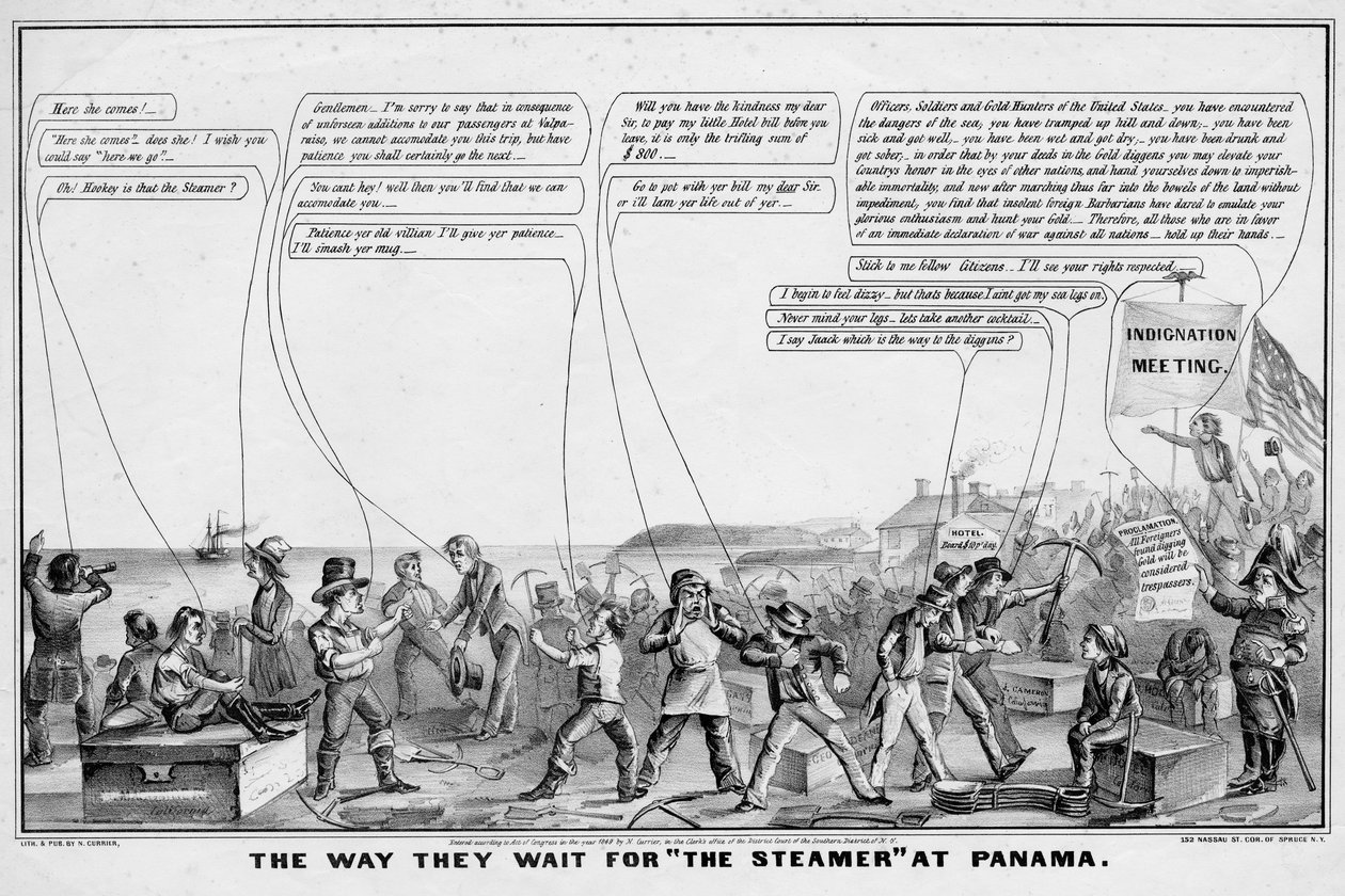 Tapa, jolla he odottavat The Steameriä Panamassa, julkaisija N Currier, New York, 1849 tekijältä John Cameron