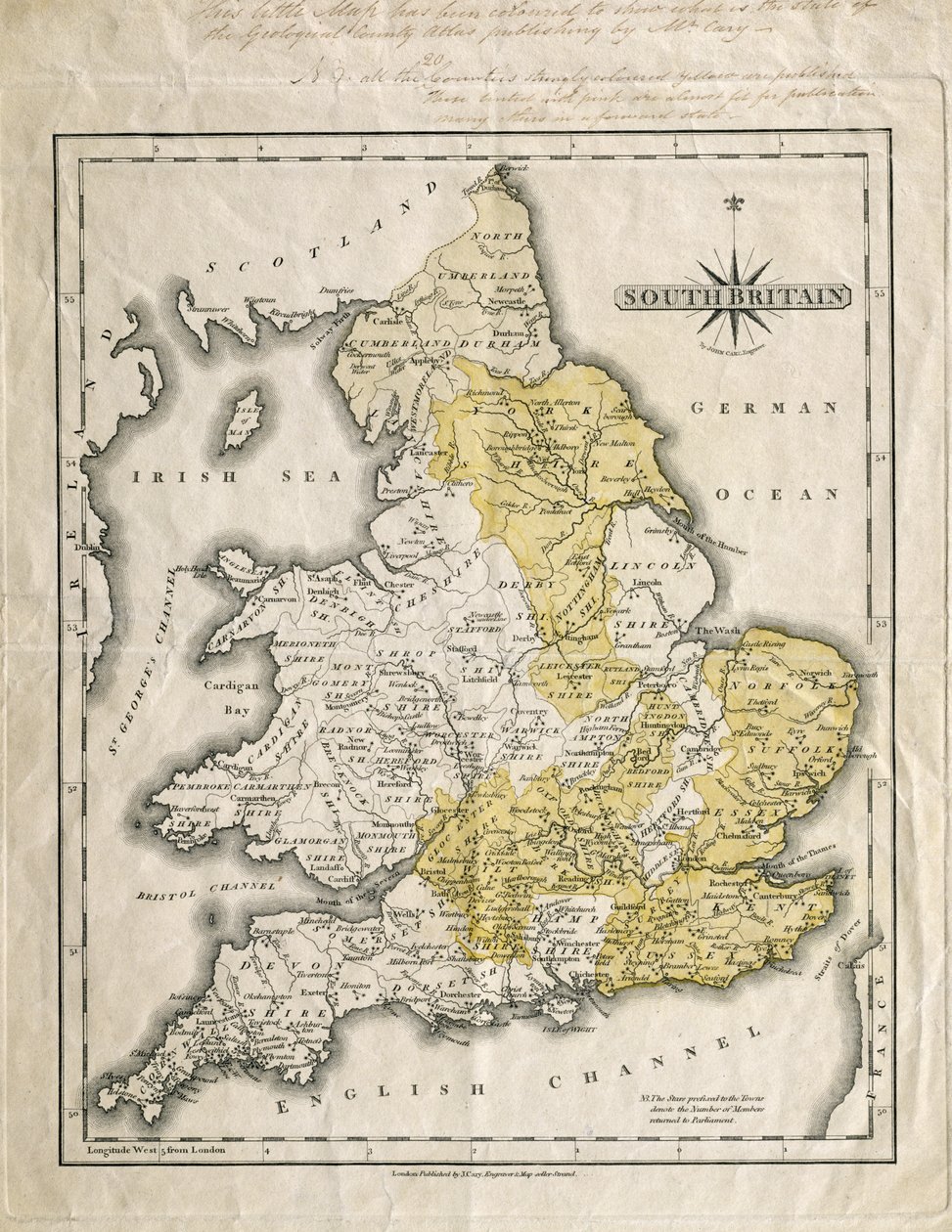 Etelä-Britannian kartta, väritetty osoittamaan kiinnostavia geologisia alueita, huomautuksena William Smith (1769-1839) tekijältä John Cary