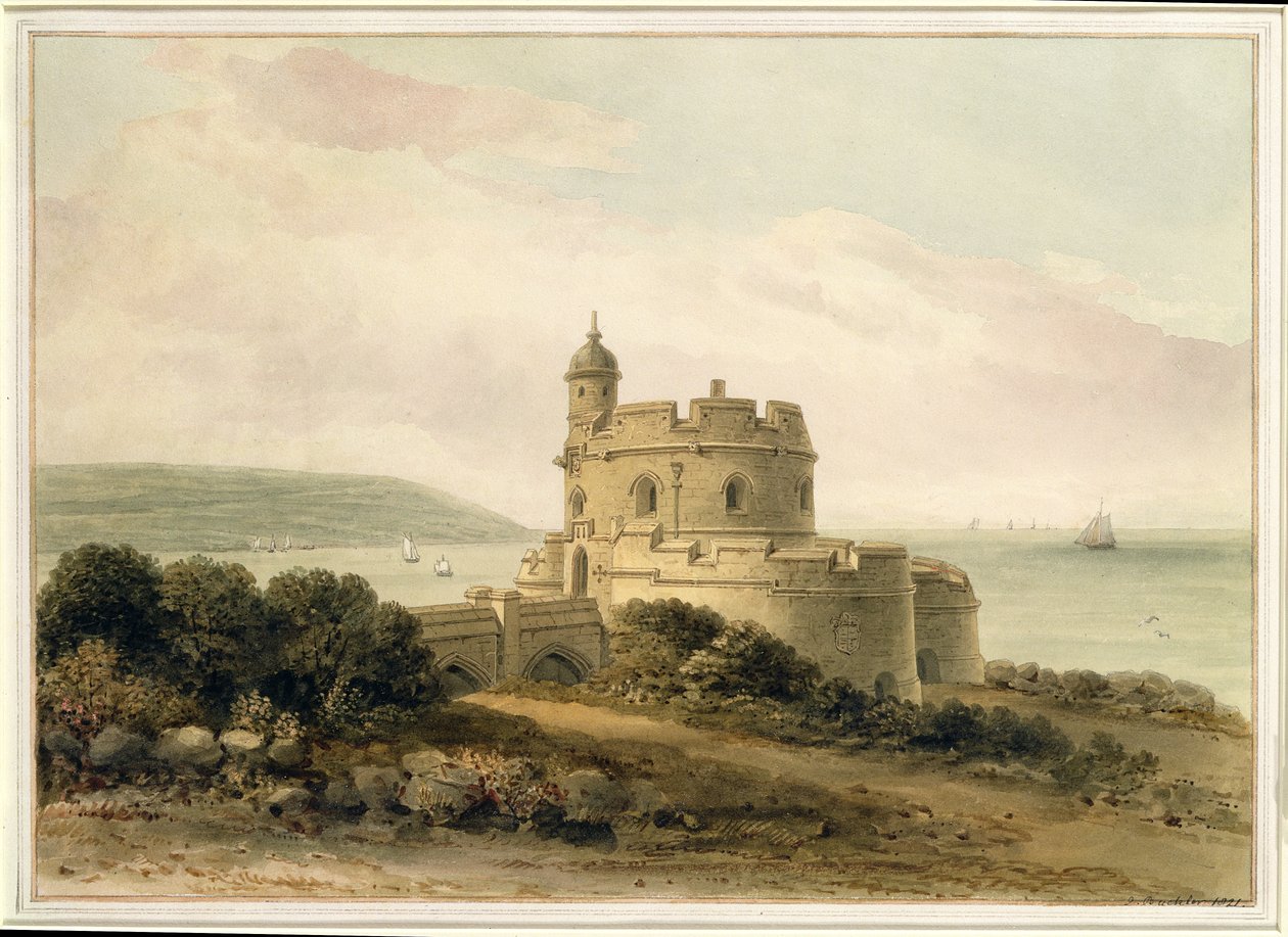 St. Mawesin linna, Cornwall, 1821 tekijältä John Chessell Buckler