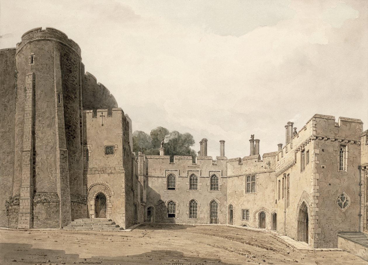 Berkeley Castlen sisäpiha, Gloucestershire, katsoen koilliseen, 1822 tekijältä John Chessell Buckler