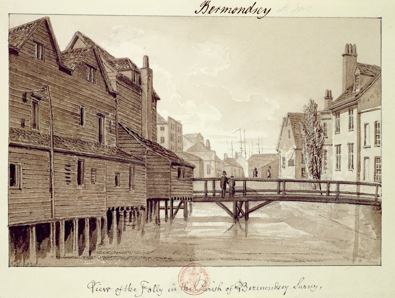 Näkymä Follysta, Dockhead, Bermondsey, 1828, Pennantin Lontoosta (tussi- ja seepiapesupiirros). tekijältä John Chessell Buckler