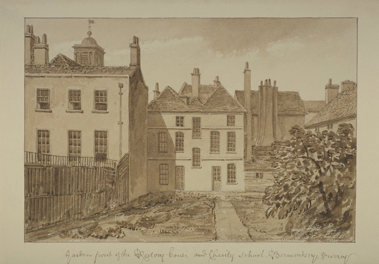 Näkymä Pyhän Maria Magdalenan pappilassa ja hyväntekeväisyyskoulussa, Bermondseyssa, 1828 (pesu paperille) tekijältä John Chessell Buckler