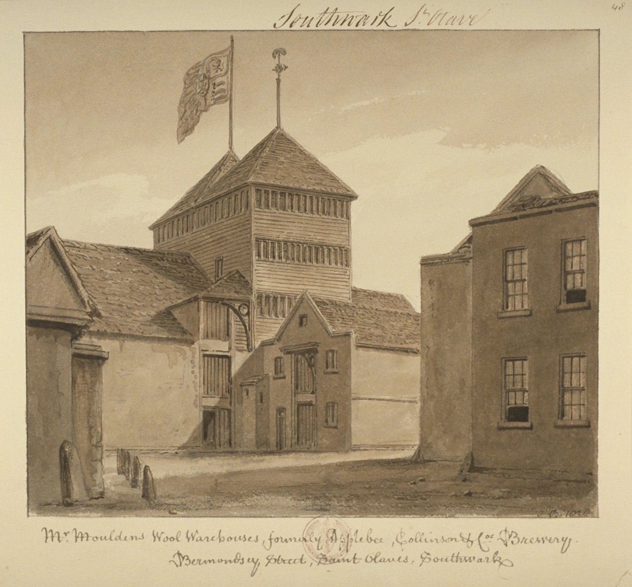 Näkymä villavarastoista Bermondsey Streetillä, 1828 (pesu paperille) tekijältä John Chessell Buckler
