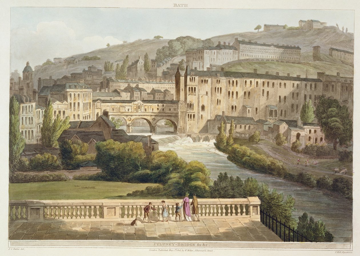 Pulteney Bridge, teoksesta "Bath Illustrated by a Series of Views", kaivertanut John Hill (1770-1850) pubi. kirjoittanut William Miller, 1805 (akvatinta) tekijältä John Claude Nattes