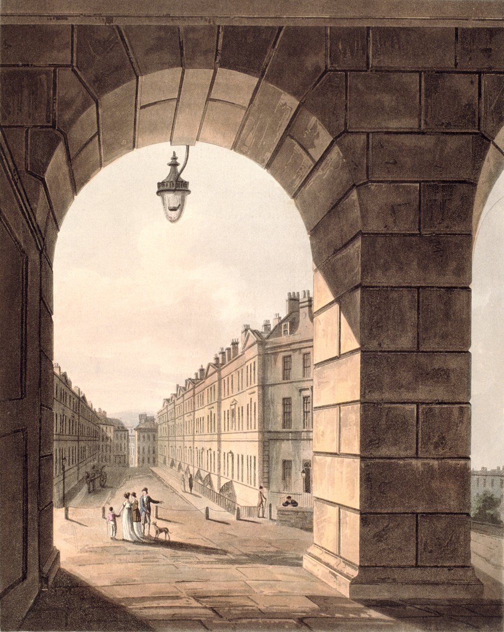 Pulteney Street, joka päättyy Laura Placeen nähtynä Gateway of Sydney Gardensin kautta, julkaisusta "Bath, kuvitettu sarjalla näkemyksiä", 1806 tekijältä John Claude Nattes