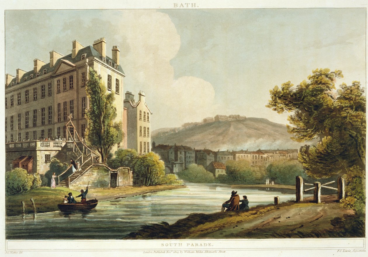 South Parade, teoksesta "Bath Illustrated by a Series of Views", kaivertanut John Hill (1770-1850) -pubi. kirjoittanut William Miller, 1804 (akvatinta) tekijältä John Claude Nattes