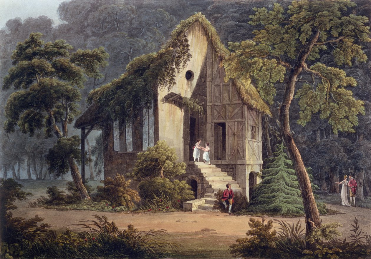 Kuningattaren buduaari Petit Trianonissa, alkuperäisen taiteilijan kuvitus teokselle "Versailles, Paris et Saint-Denis", kaiverrus I. Hill, 1809 (akvatinta) tekijältä John Claude Nattes