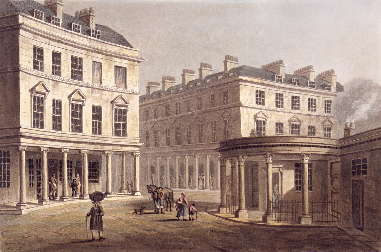 Näkymä Cross Bathiin, Bath Street, teoksesta "Bath Illustrated by a Series of Views", kaivertanut John Hill (1770-1850) -pubi. kirjoittanut William Miller, 1804 (akvatinta) tekijältä John Claude Nattes