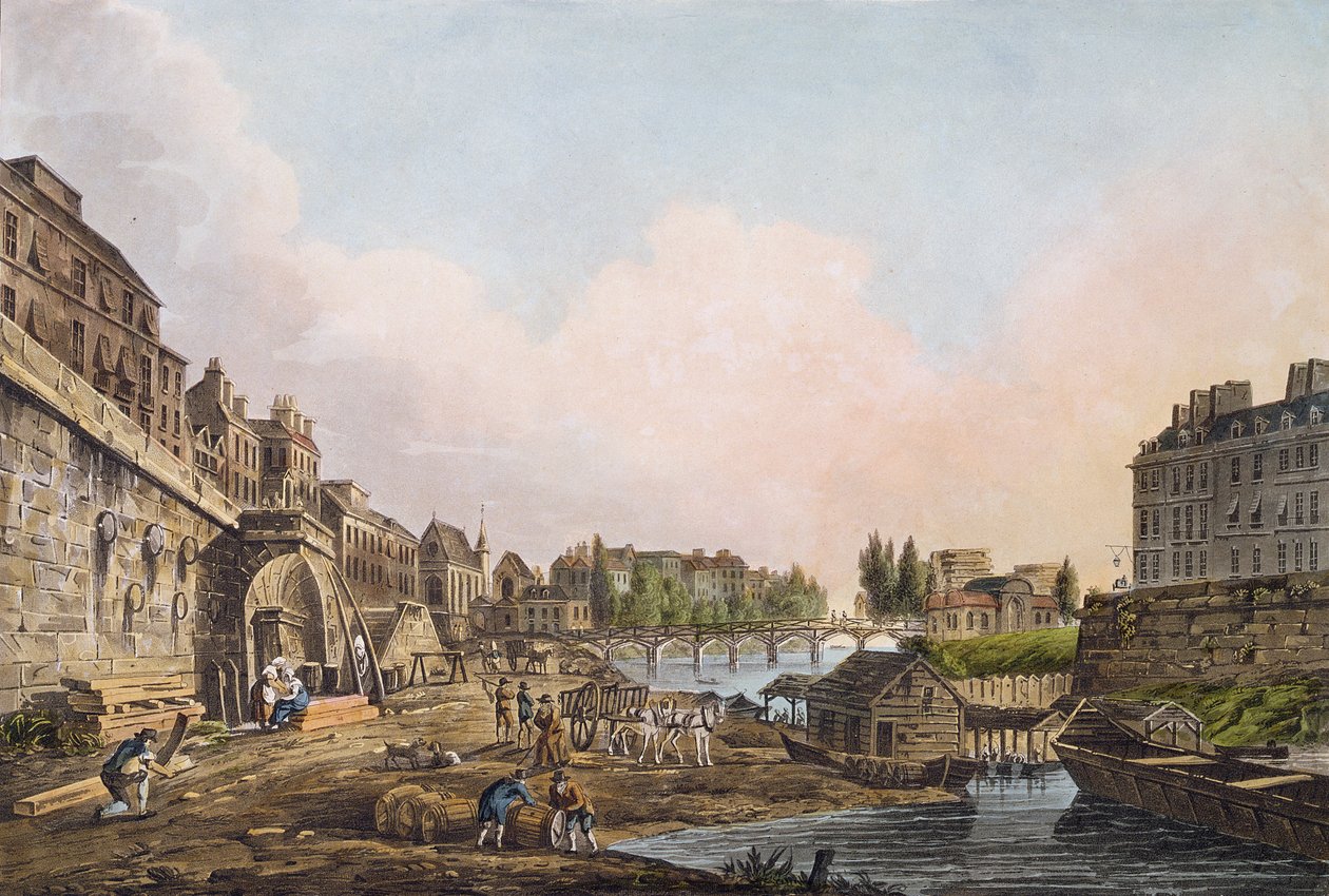 Näkymä Seine-joelle Pont Notre-Damen kaaren alta, 1805 (värillinen akvatinta) tekijältä John Claude Nattes