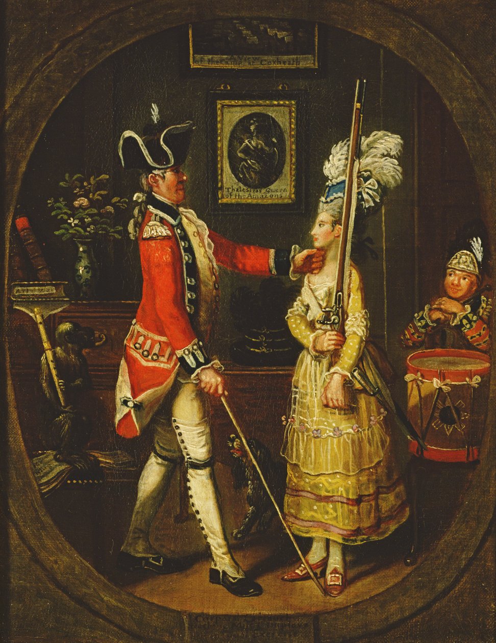 "Korpraali Cartouch opettaa Miss Camp-Love her Manual Exercise", 1778 tekijältä John Collet