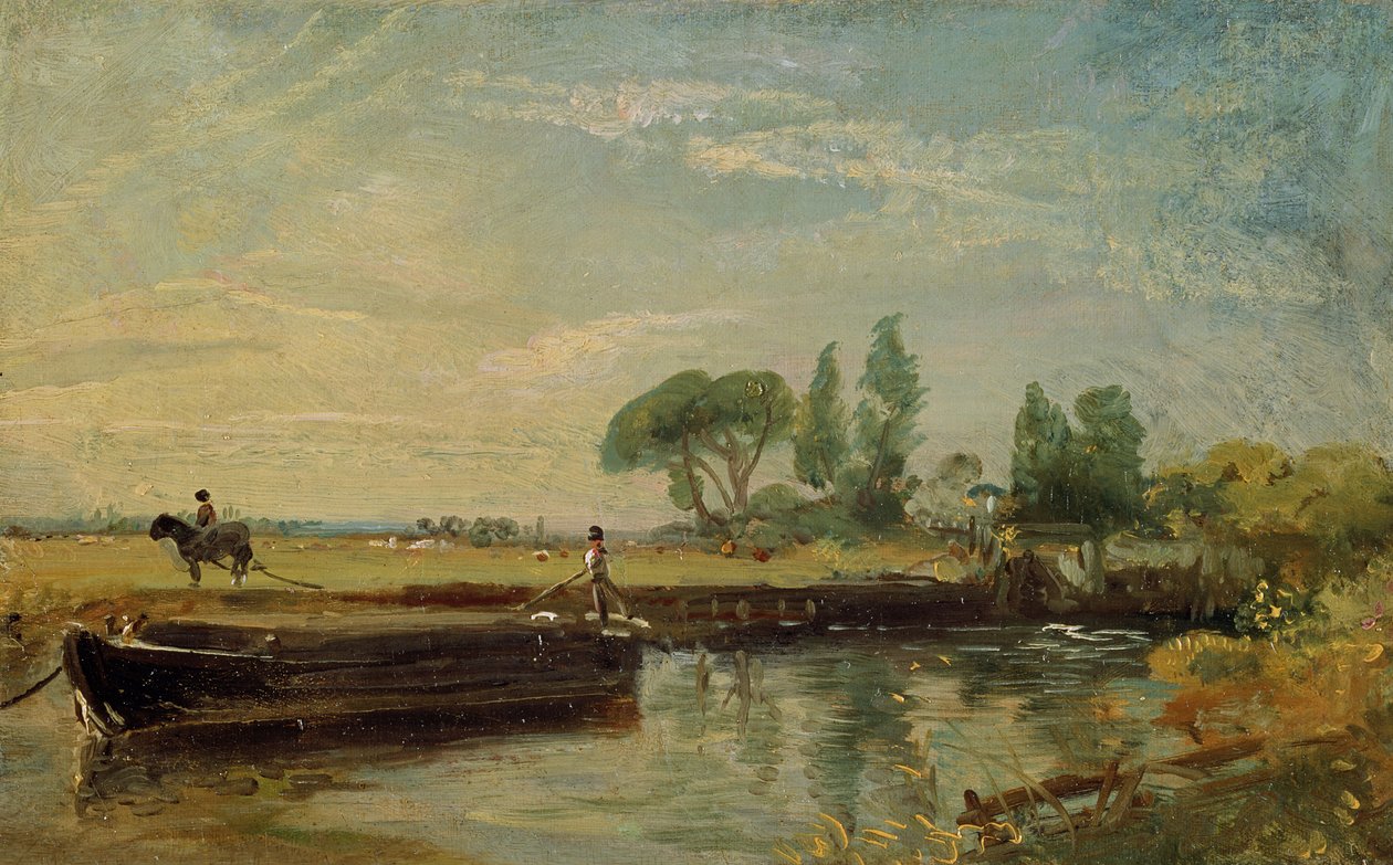 Proomu Flatfordin sulkun alla, n. 1810 tekijältä John Constable