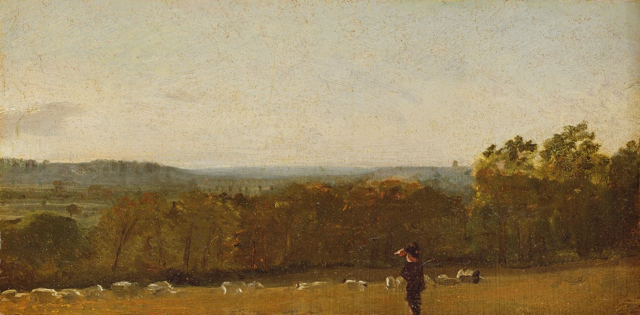 Paimen maisemassa katsomassa Dedham Valen poikki kohti Langhamia, n. 1810 (öljy kankaalle asetettu paperille) tekijältä John Constable