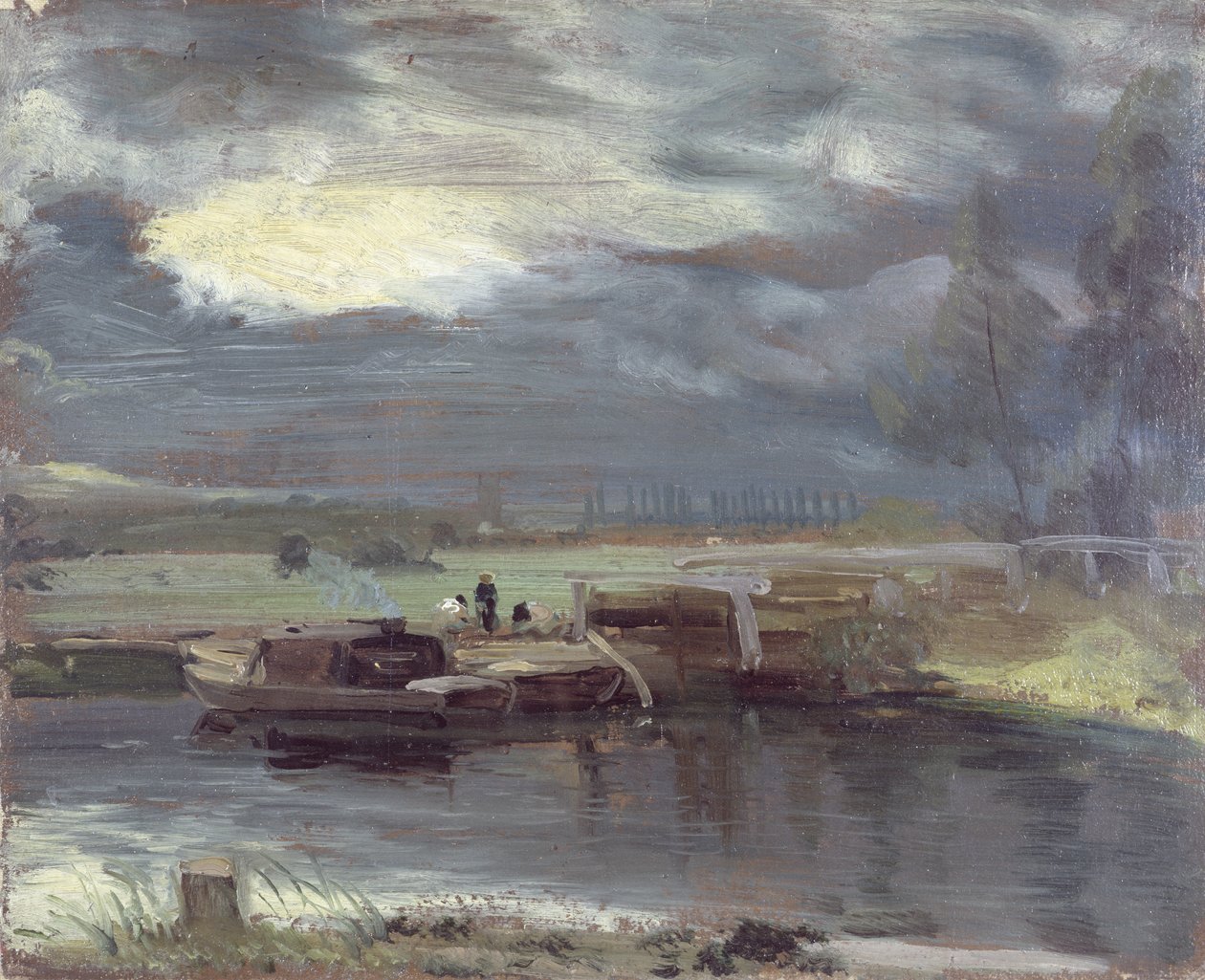 Proomut Stourilla Dedhamin kirkon kanssa etäisyydellä, 1811 (öljy paperille asetettu kankaalle) tekijältä John Constable