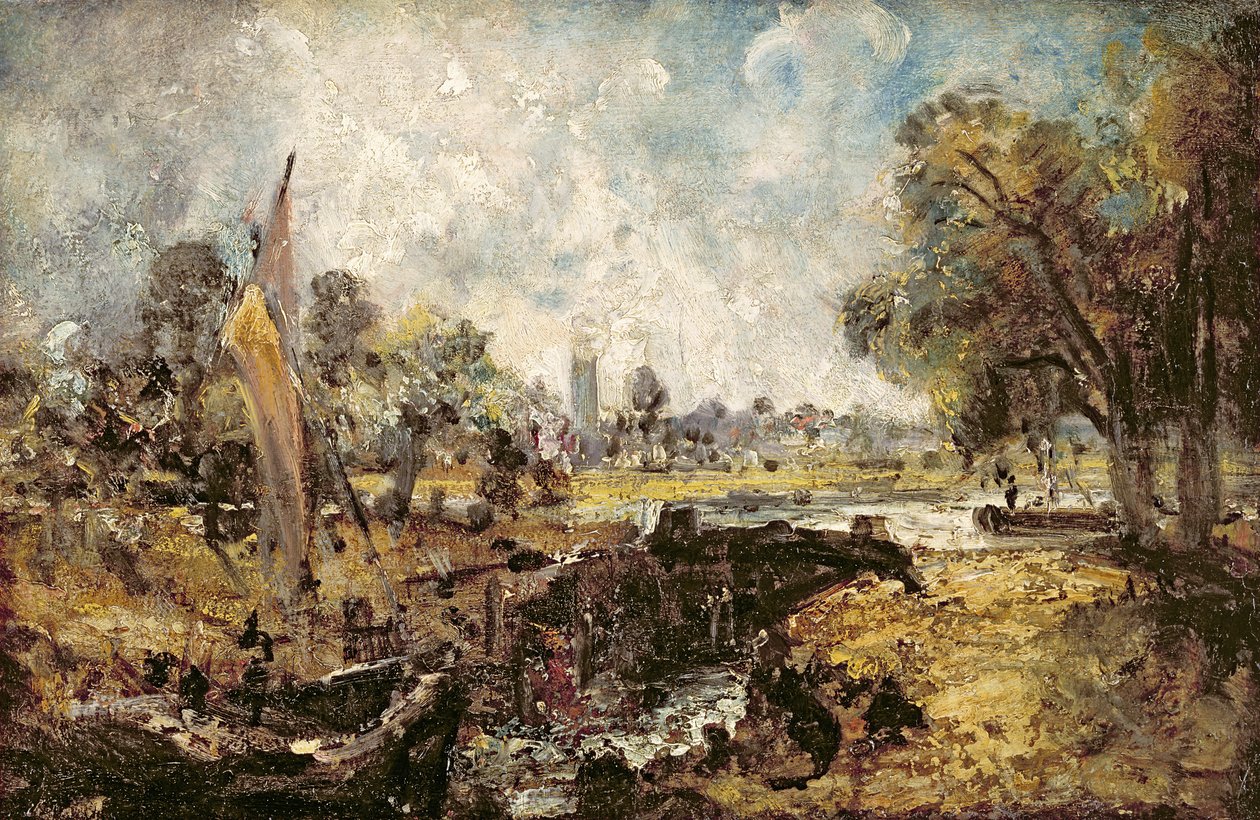 Dedham Lock, n. 1820 (öljy kankaalle asetettu paneeliin) tekijältä John Constable