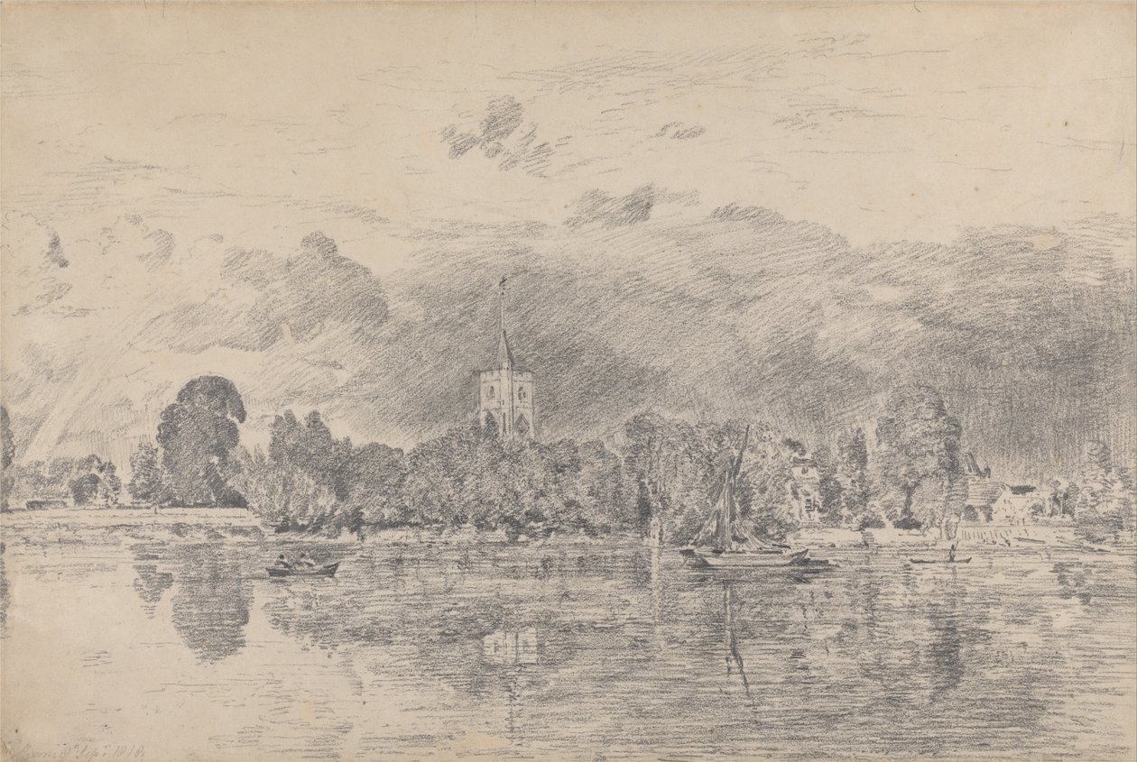Fulhamin kirkko joen toiselta puolelta tekijältä John Constable