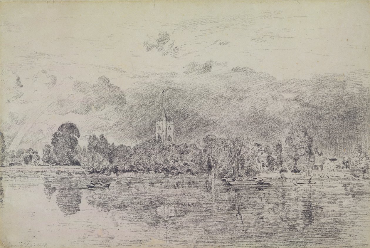 Fulhamin kirkko joen toiselta puolelta, 1818 (grafiitti paperille) tekijältä John Constable
