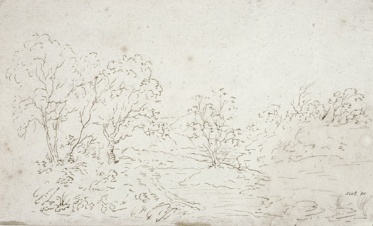 Maisema: puiden välissä kulkeva puro (piirros) tekijältä John Constable