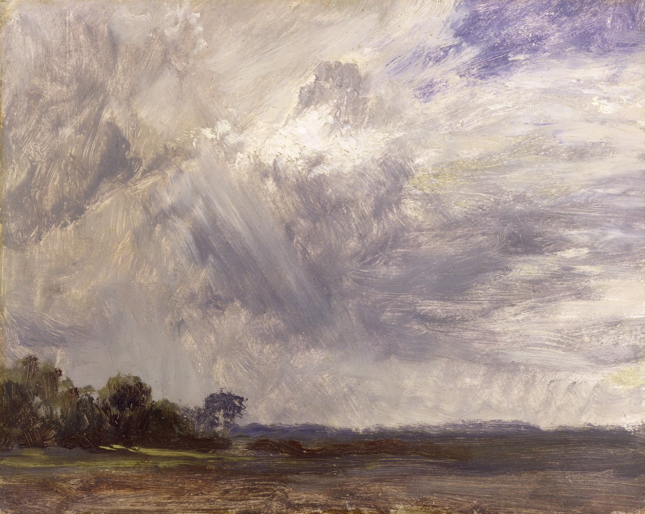 Maisema harmaalla tuulisella taivaalla, n. 1821-30 (öljy paperille asetettuna myllylaudalle) tekijältä John Constable