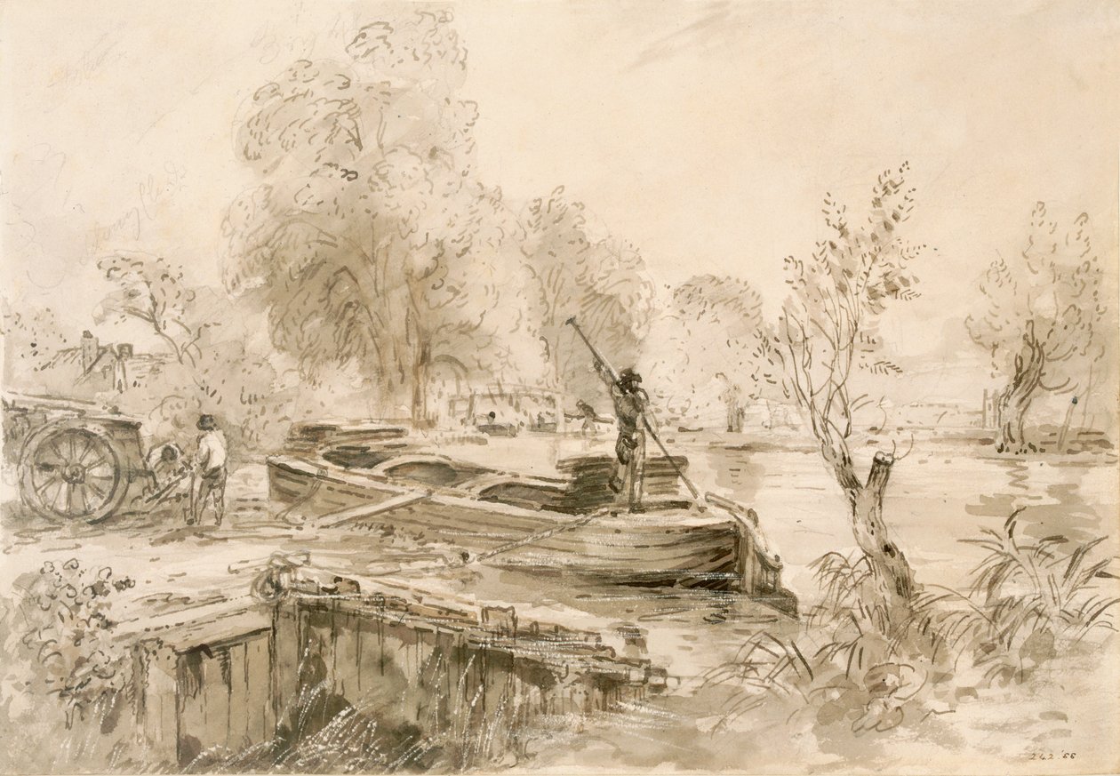 Miehet lastaamassa proomua Stourille, 1827 (lyijykynä, kynä ja harmaa pesu paperille) tekijältä John Constable