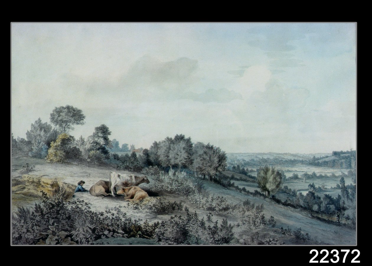 The Valley of the Stour, katsot kohti East Bergholtia, 1880 (lyijykynä, kynä ja muste ja akvarelli paperille) tekijältä John Constable