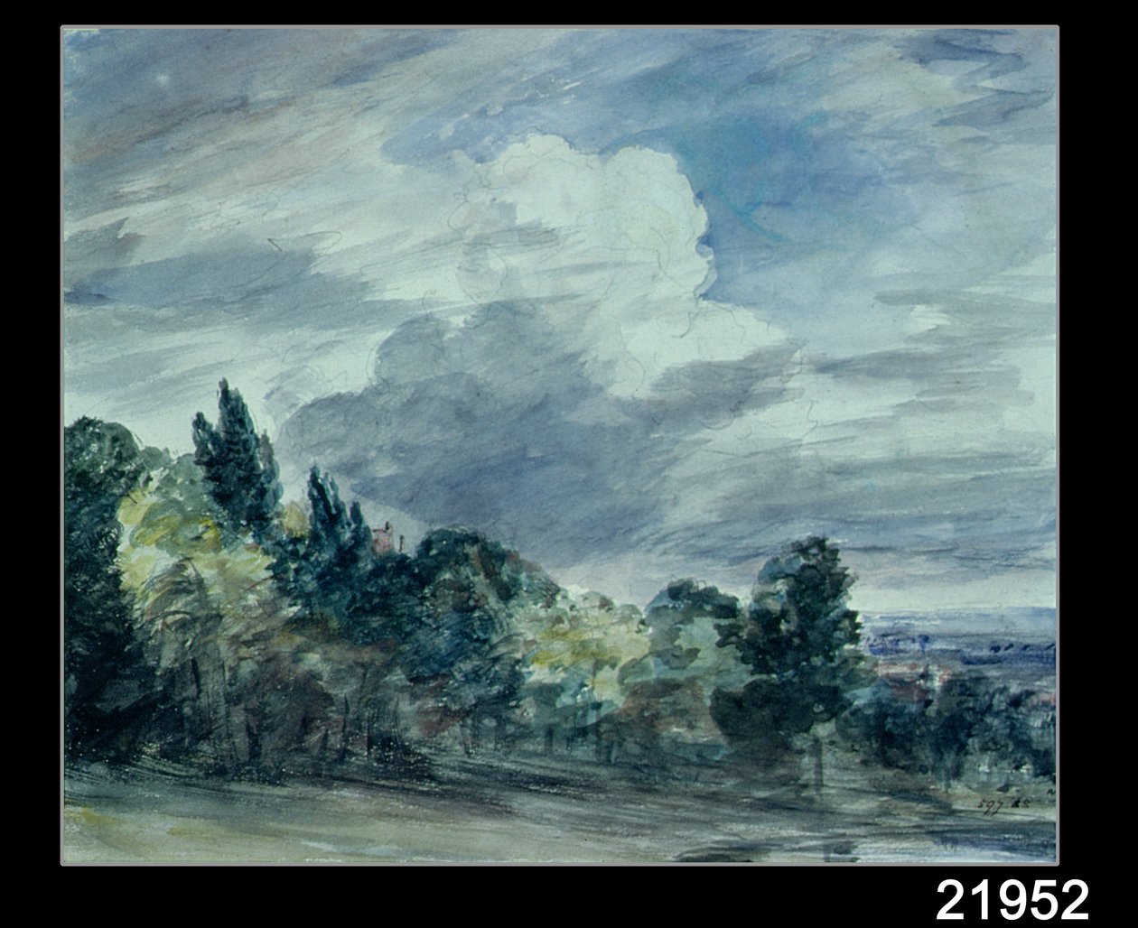 Näkymä leveään maisemaan, puita etualalla, syyskuu 1832 (akvarelli paperille) tekijältä John Constable