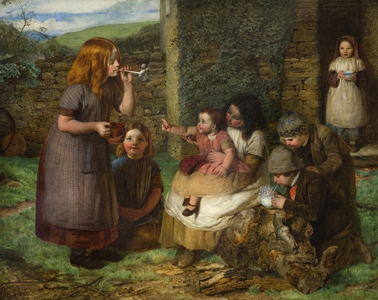 Bubbles: Mökkikohtaus lasten kanssa leikkimässä, 1856 tekijältä John Dawson Watson