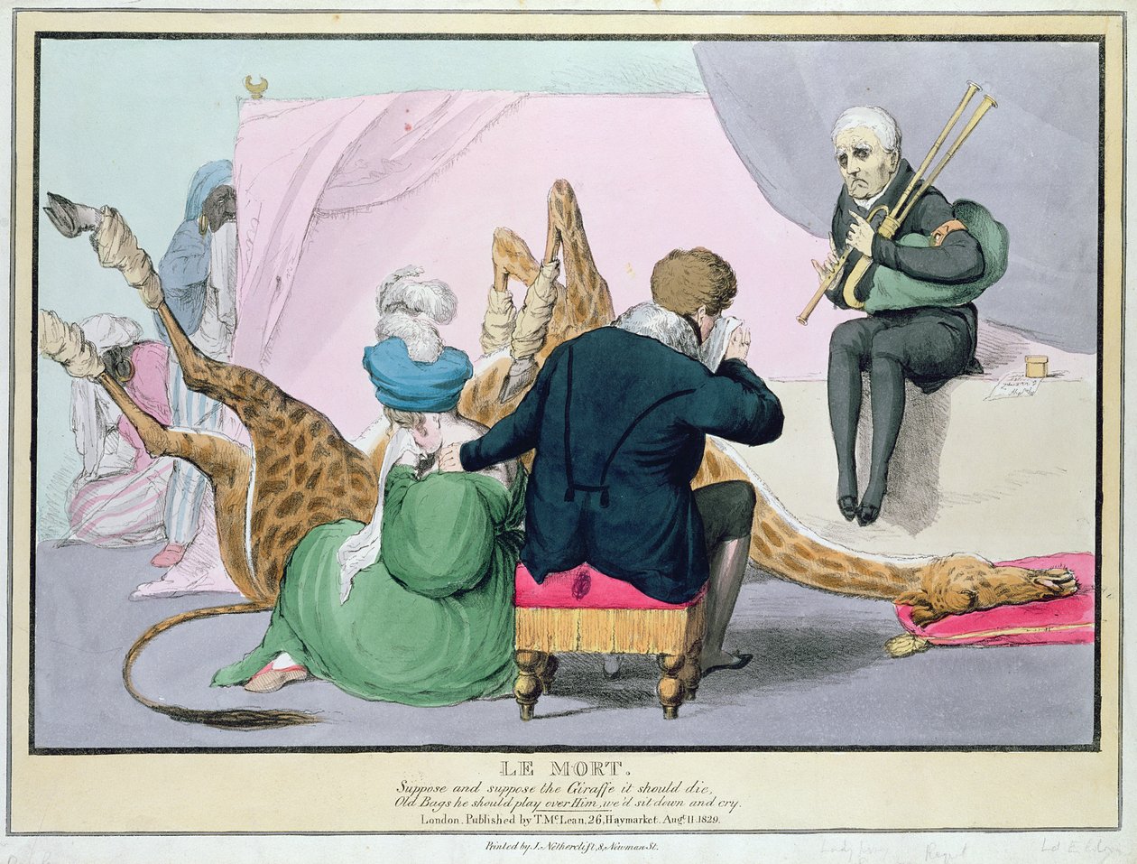 "Le Mort", George IV (1762-1830), karikatyyri kuninkaasta suremassa kirahvin kuolemaa Lontoon eläintarhassa, paina J. Netherclift, ja pubi. kirjoittanut McLean, 1829, Lontoo, (käsinvärinen kaiverrus) tekijältä John Doyle