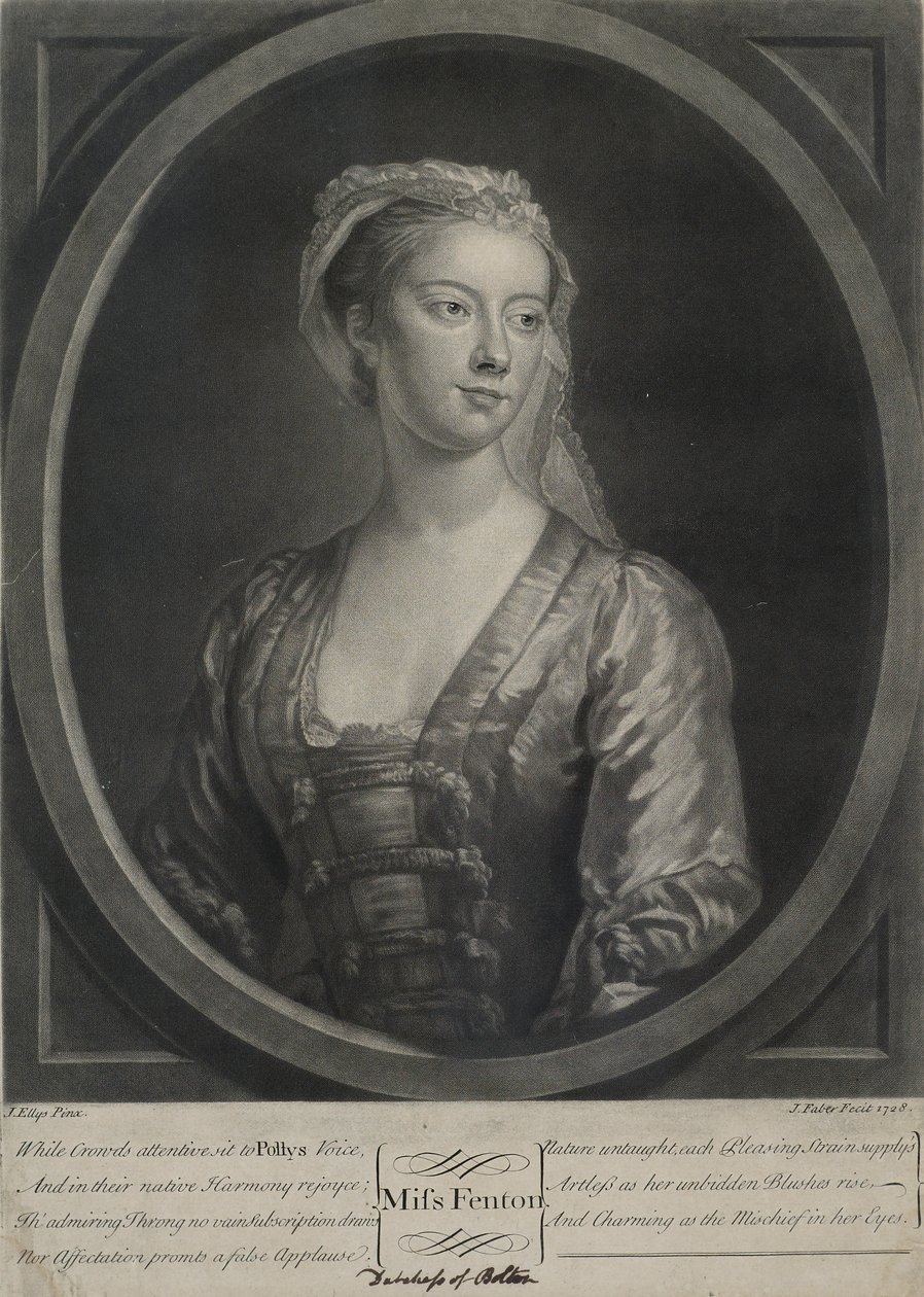 Miss Fenton, kaiverrus John Faber Nuorempi (n. 1695-1756), 1728 (mezzotint) tekijältä John Ellys