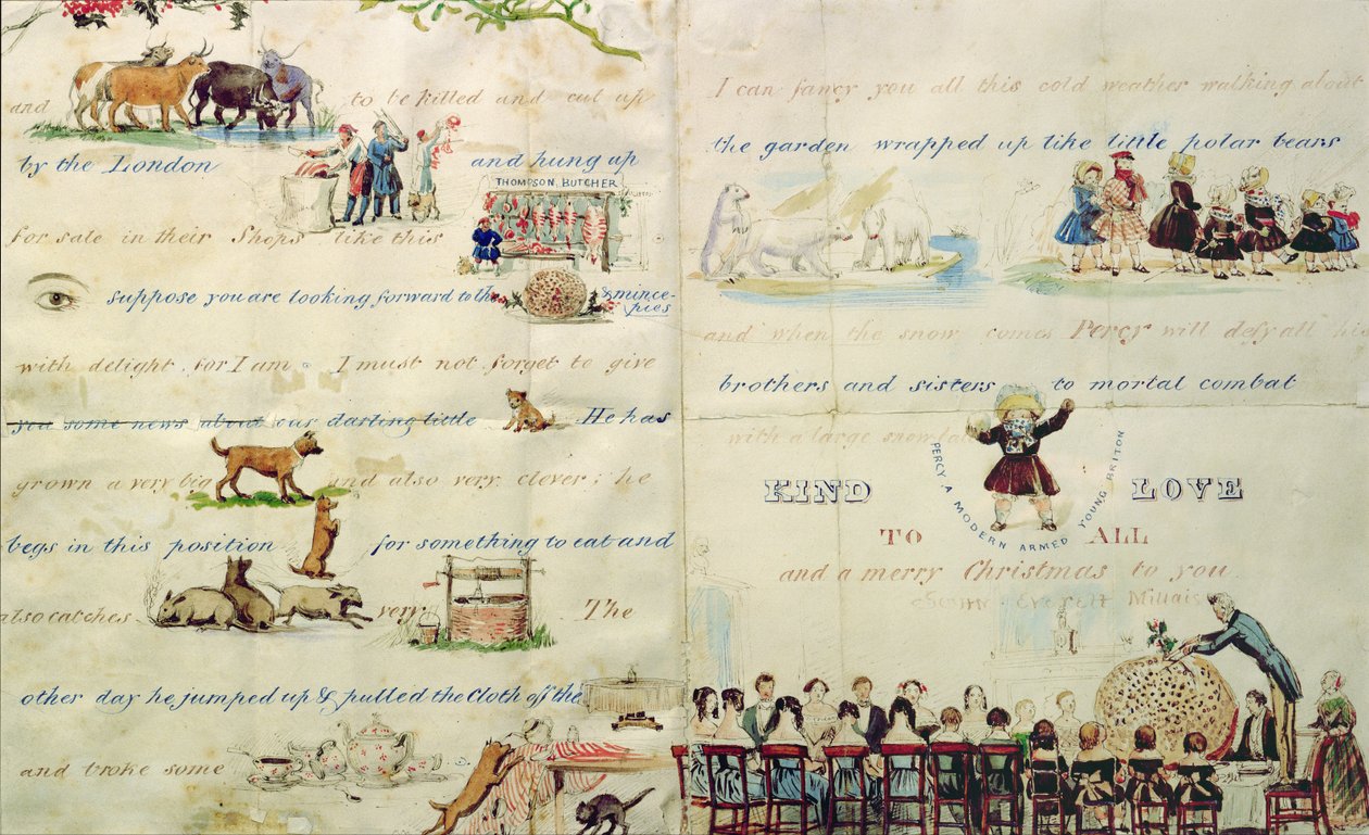 Piktogrammeilla kirjoitettu joulukirje (kynä ja muste ja wc paperille) (ks. kirjeen alku 199384) tekijältä John Everett Millais