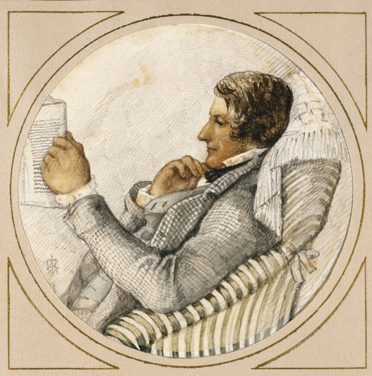 Ford Madox Brownin muotokuva (akvarelli, grafiitti, tussi ja sininen muste, luonnonvalkoinen paperi). tekijältä John Everett Millais
