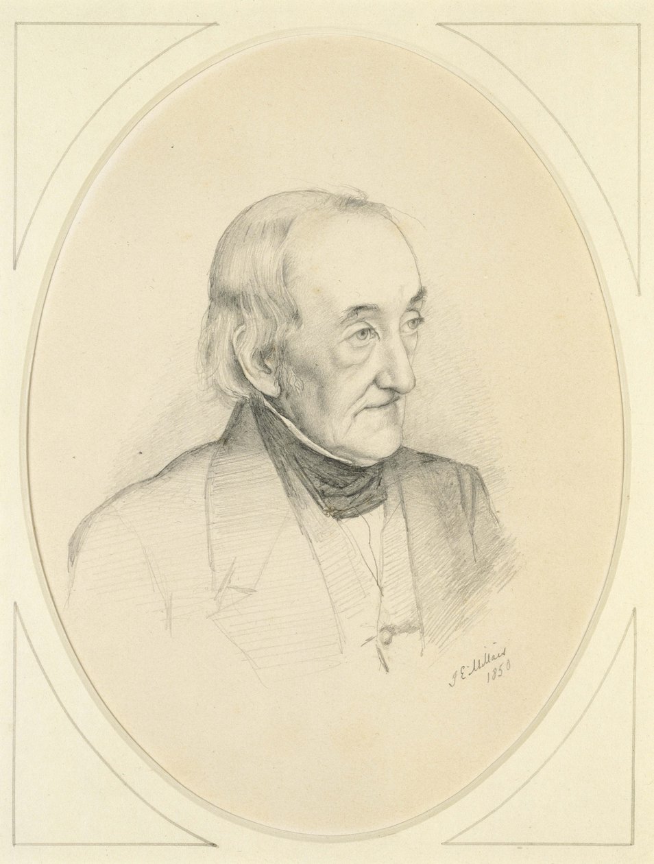 William Bennettin muotokuva, 1850 (kynä luonnonvalkoiselle paperille) tekijältä John Everett Millais