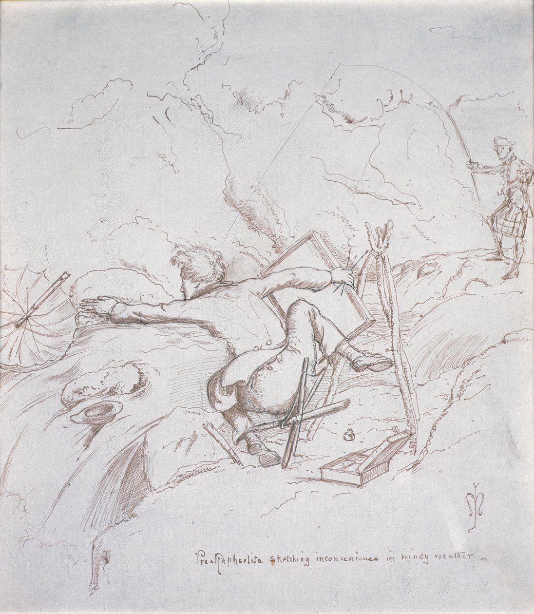 Esirafaeliitista luonnostelua vaivaa tuulisella säällä tekijältä John Everett Millais