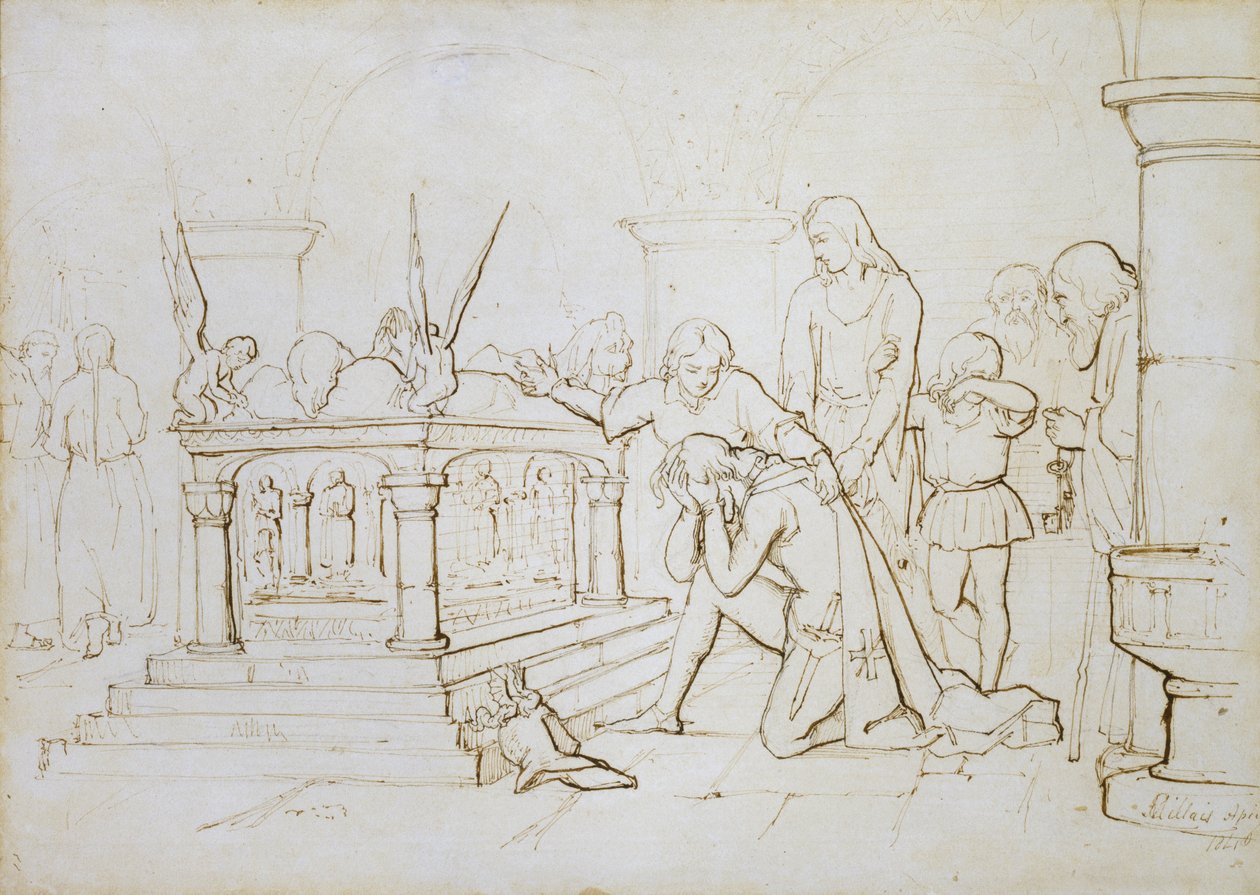 Ristiretkeläisen paluu, 1840 (kynä ja ruskea muste luonnonvalkoiselle paperille) tekijältä John Everett Millais