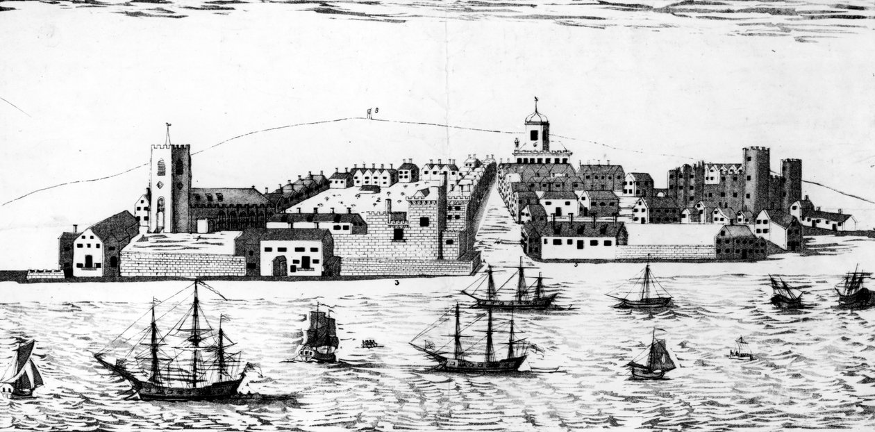 Liverpoolin kaupungin läntinen prospekti, sellaisena kuin se ilmestyi noin vuonna 1680, John R. Isaacin litografia tekijältä John Eyes Jnr