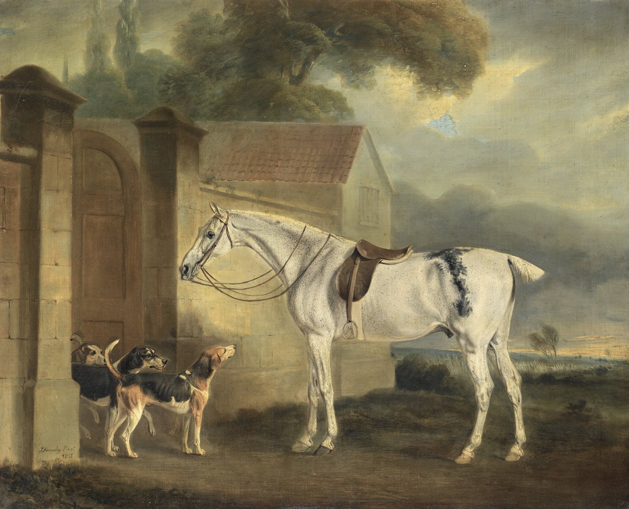 Lord Lonsdales Fleabitten Grey Hunter, messinki, Cottesmorella Cottesmore Houndsin kanssa tekijältä John Ferneley