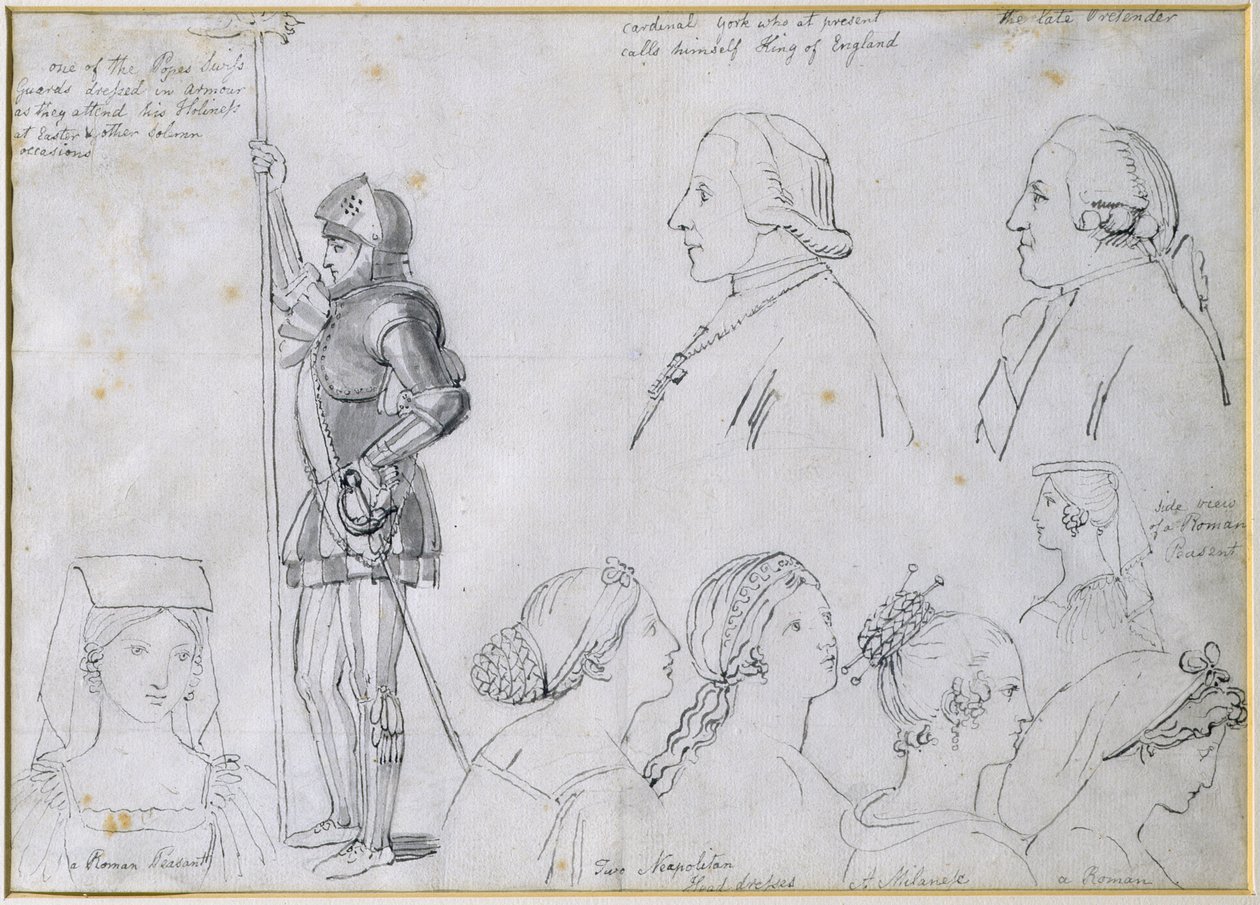 Hahmoluonnoksia Roomassa prinssi Charles Edward Stuartin (1720-88) ja hänen veljensä kardinaali Yorkin (1725-1807) muotokuvilla (kynä ja muste paperille) tekijältä John Flaxman