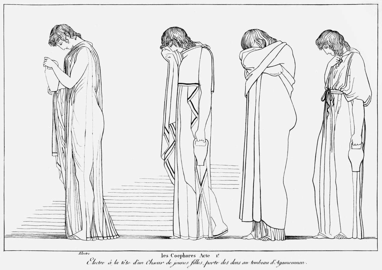 Electra ja kuoro kantavat astiat juomalle Agamemnonin haudalla, kuva Aischyloksen (n. 525–456 eKr.) teoksesta "The Choephori" n. 1830-40 tekijältä John Flaxman