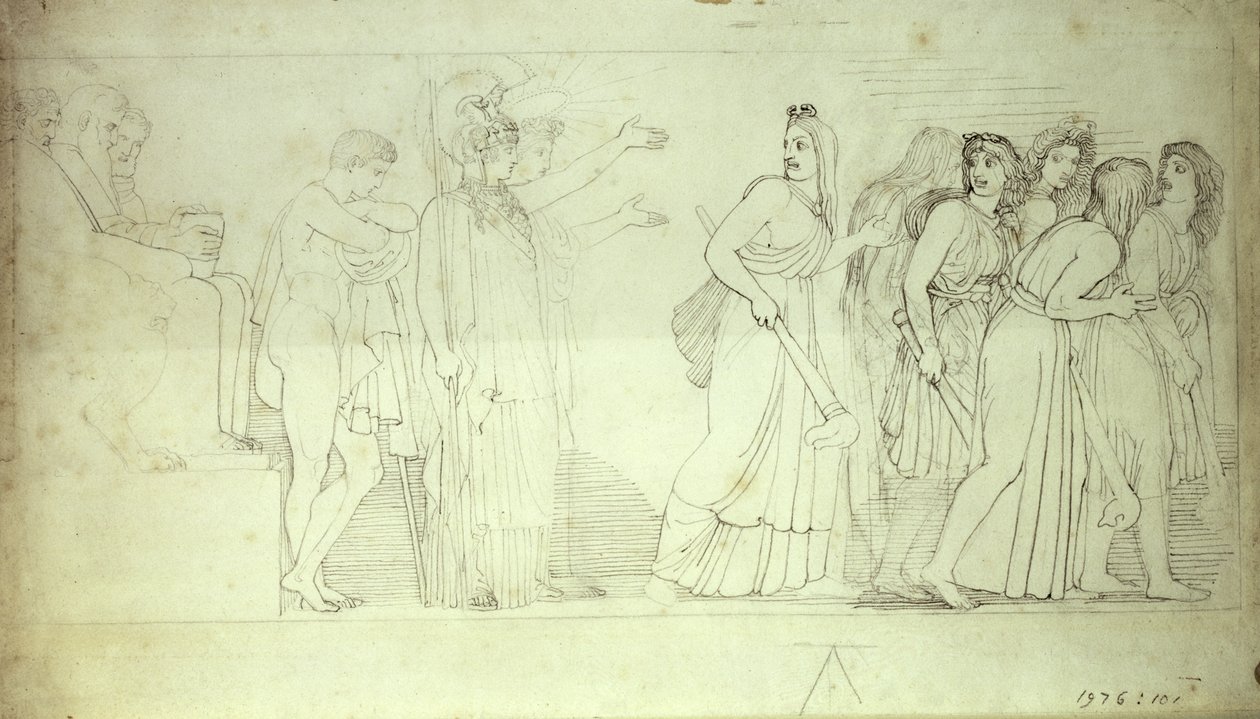 Furiesit lähtevät Ateenasta, Apollosta ja Orestesista, 1700-luku tekijältä John Flaxman