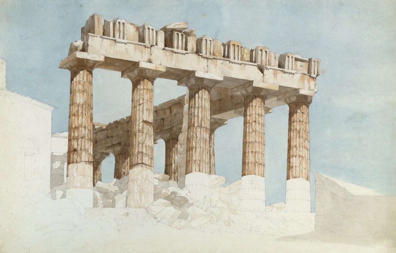 Parthenonin itäpää ja eteläpuoli, n. 1813 (wc ja grafiitti paperilla) tekijältä John Foster