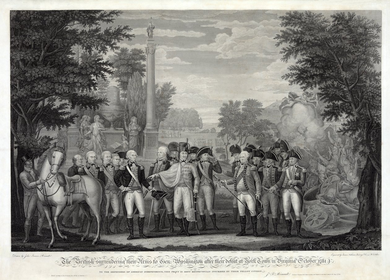 Britit luovuttavat aseensa kenraali Washingtonille York Townissa Virginiassa kärsityn tappion jälkeen lokakuussa 1781, julk. 1819 (kuvakaiverrus) tekijältä John Francis Renault