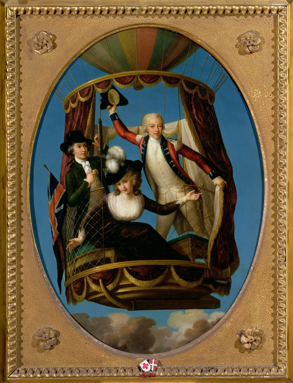 Kapteeni Vincenzo Lunardi avustajansa George Bigginin ja rouva Letitia Anne Sagen kanssa ilmapallossa, 1785 (öljy kuparilla) tekijältä John Francis Rigaud