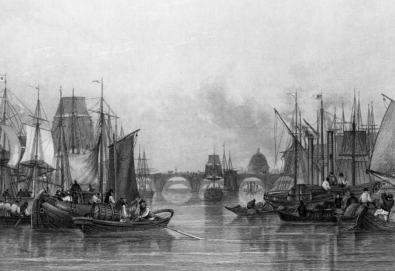 The Upper Pool, Thames-joki, kaivertanut John Woods, 1851 tekijältä John Francis Salmon