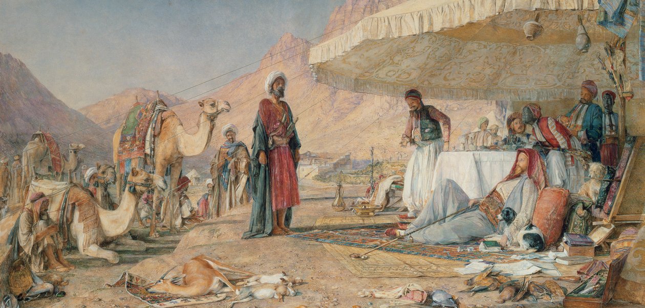 Frankin leirintäalue Siinain vuoren autiomaassa, 1842, 1856 (wc ja guassi kynällä paperilla) tekijältä John Frederick Lewis