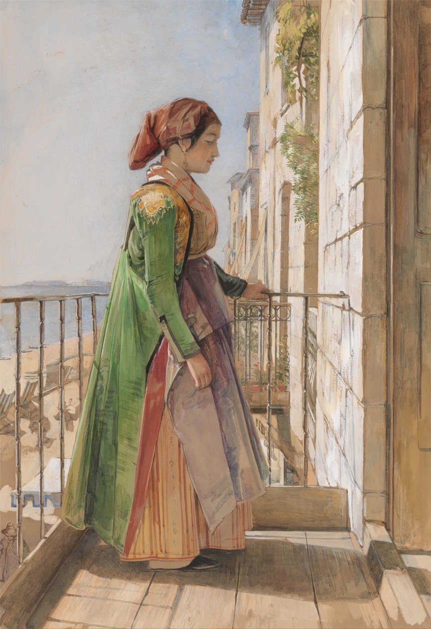 Kreikkalainen tyttö seisoo parvekkeella tekijältä John Frederick Lewis