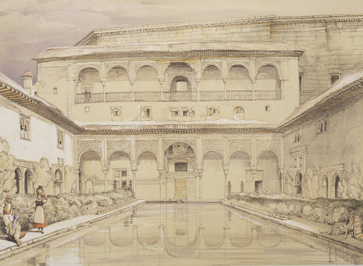 Myrttien hovi (Patio de los Arrayanes) ja Kaarle V:n palatsi, "Alhambran luonnokset ja piirustukset", kaiverrus James Duffield Harding (1798-1863), 1835 tekijältä John Frederick Lewis