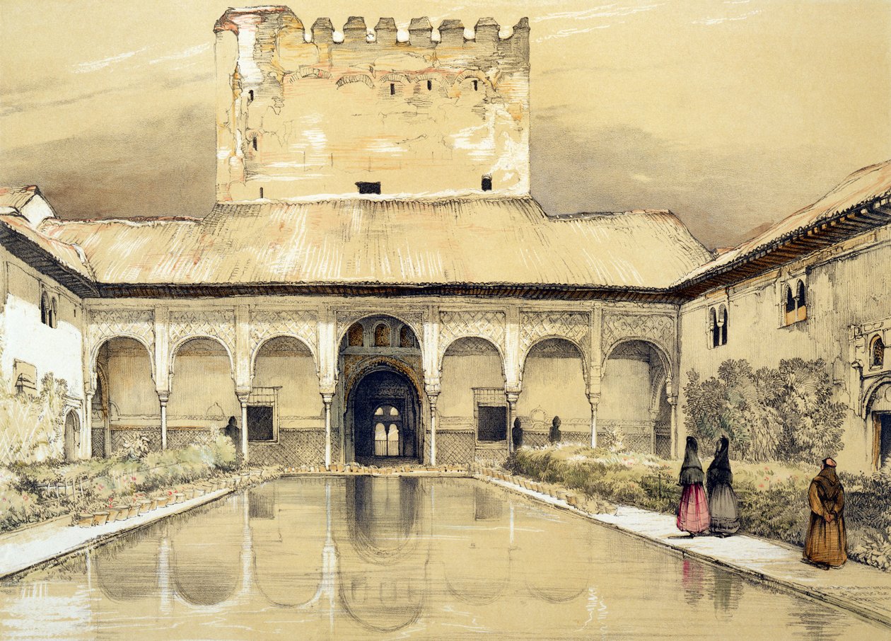 Myrttien tuomioistuin (Patio de los Arrayanes) ja Comaresin torni, "Alhambran luonnokset ja piirustukset", kaiverrus William Gauci (fl.1825-54), 1835 tekijältä John Frederick Lewis