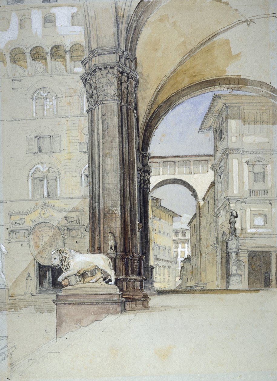 Firenze: Palazzo Vecchio ja Uffizi (akvarelli mustalla liidulla kynällä ja ruskealla musteella vaaleanvihreällä paperilla) tekijältä John Frederick Lewis