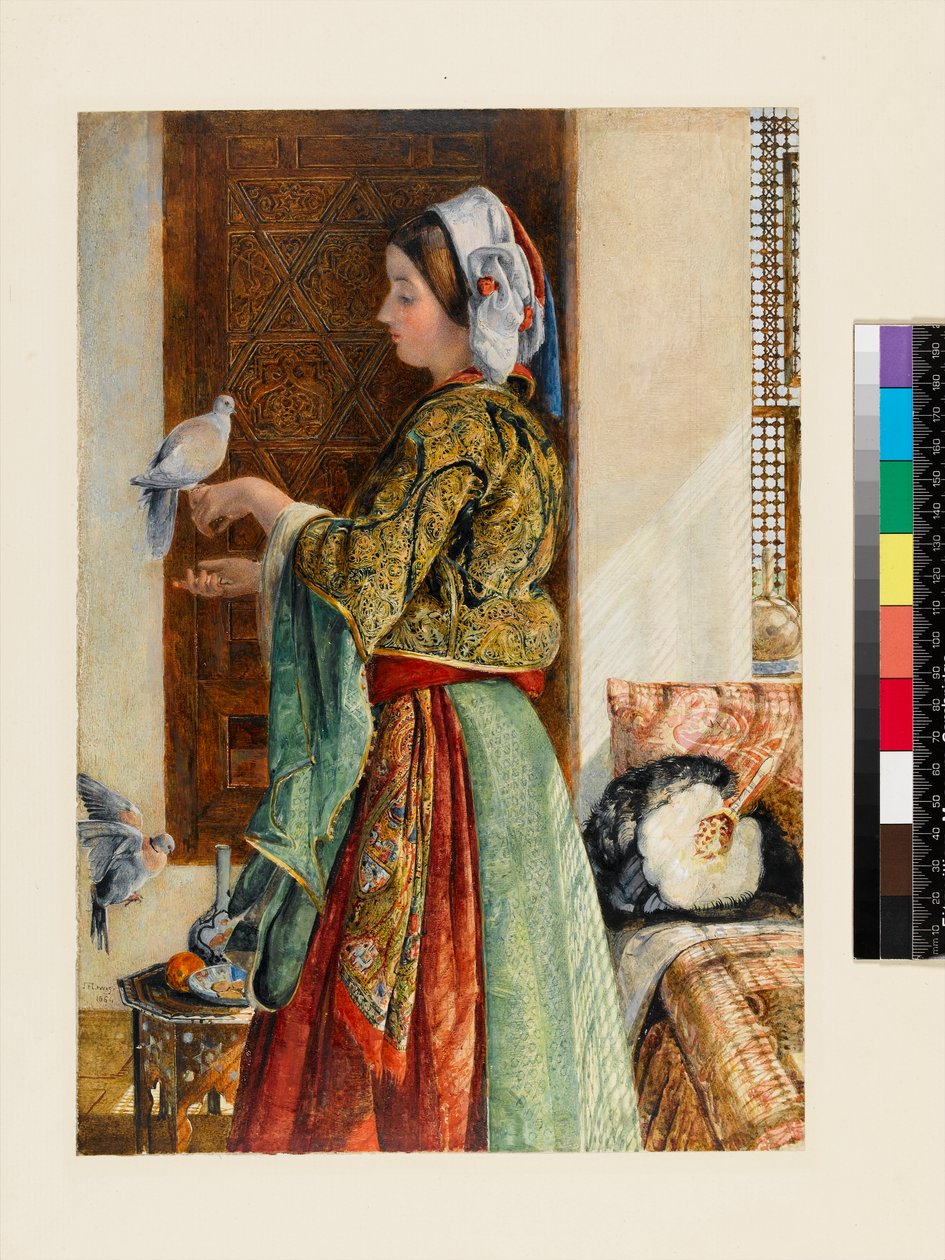 Tyttö kahdella häkkikyyhkyllä, Kairo, 1864 (wc ja vartaloväri lyijykynällä ohuella kortilla) tekijältä John Frederick Lewis