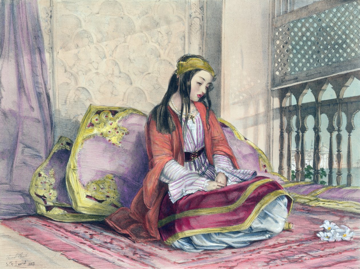 Kreikkalainen tyttö, levy 16 teoksesta "Konstantinopolin kuvitukset", taiteilijan kaivertama, 1837 tekijältä John Frederick Lewis