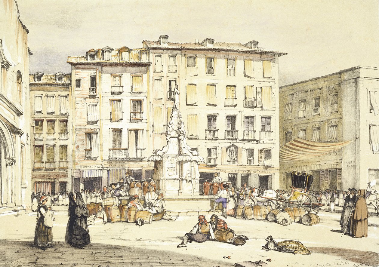 La Puerta del Sol, Madrid, julkaisusta "Sketches of Spain", kaivertanut Charles Joseph Hullmandel (1789-1850), julkaistu 1836 tekijältä John Frederick Lewis